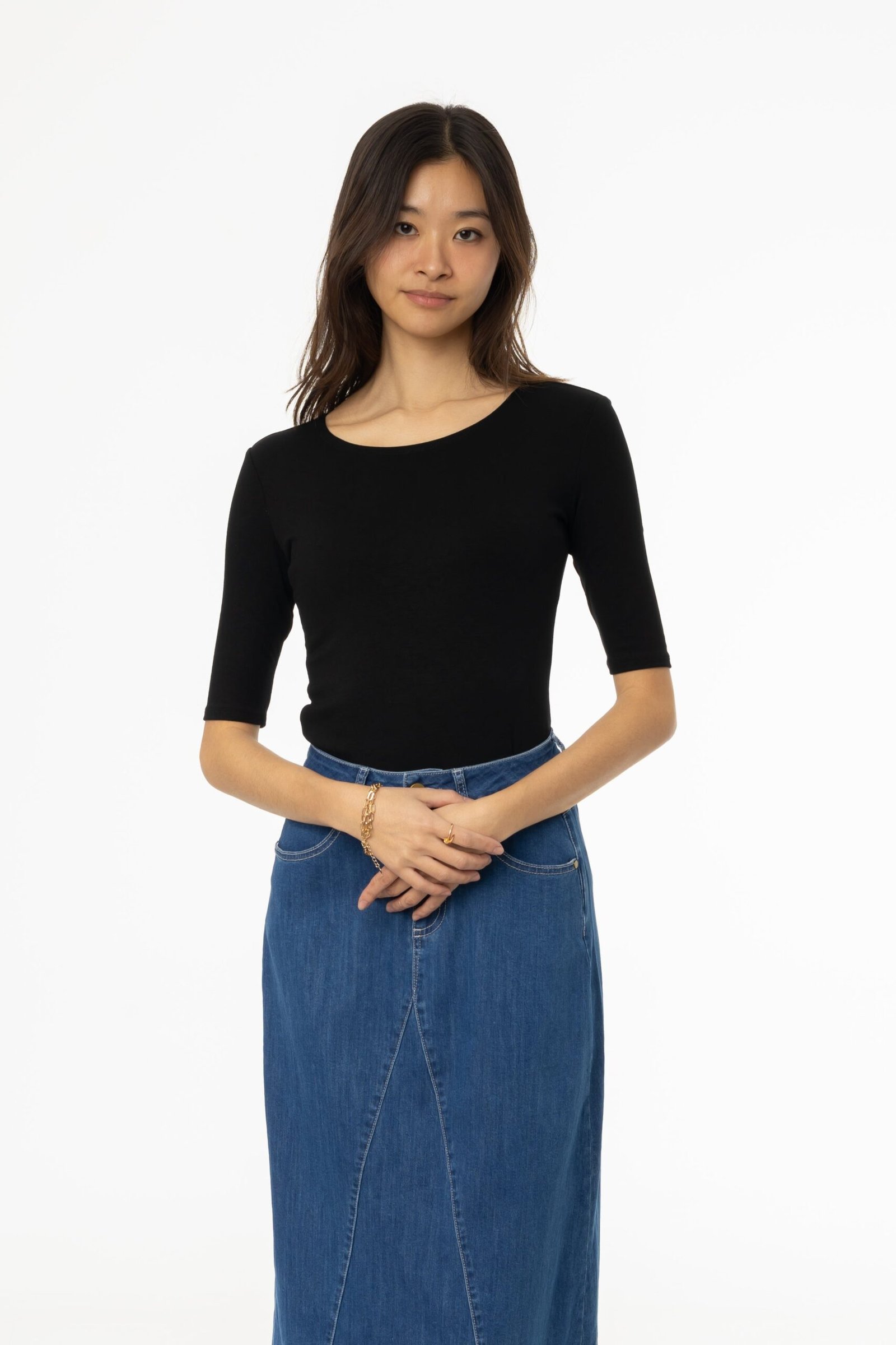 Black Solid Midi Sleeve Wider Neck Tee