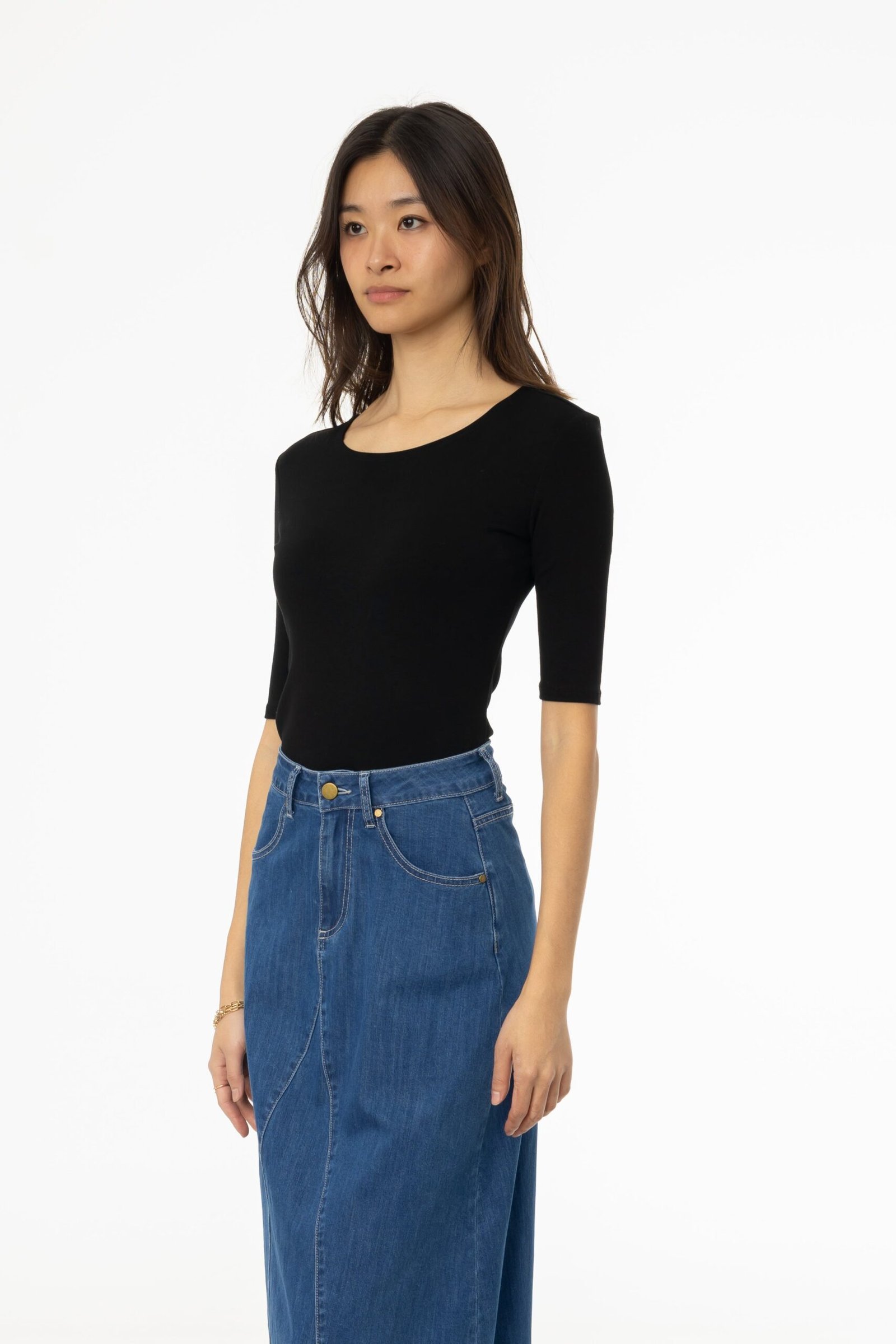 Black Solid Midi Sleeve Wider Neck Tee - Image 2